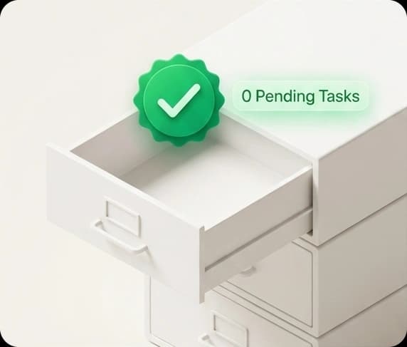 Zero operational backlog filing drawer showing zero pending tasks